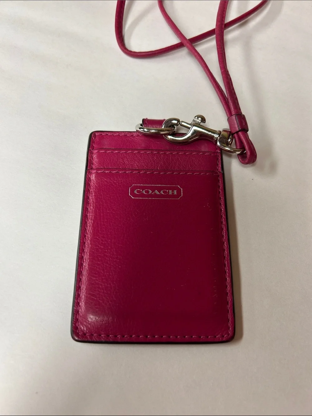 Coach Pink Leather Lanyard Card Holder with Silver Hardware